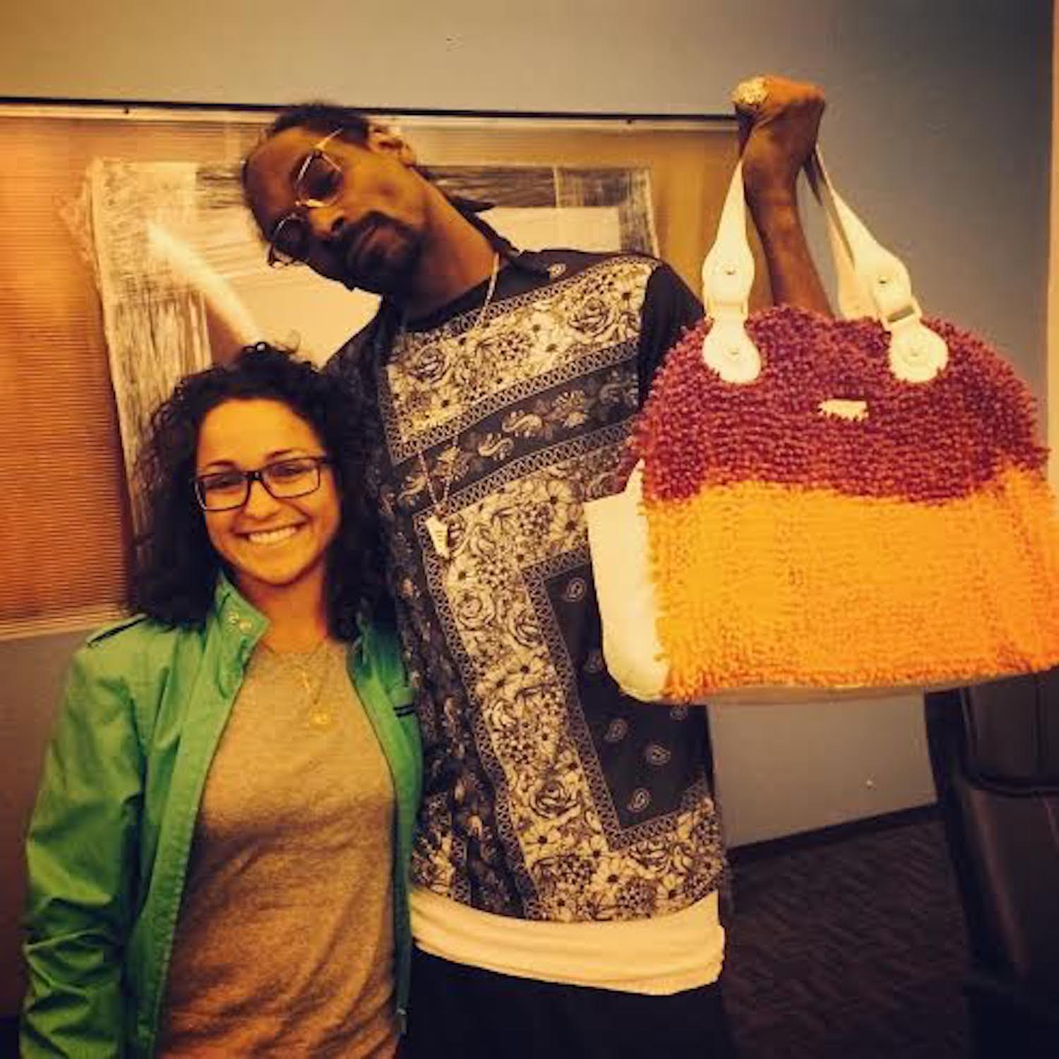 Snoop Dogg holding a SHAGBAGG handmade SHAG bag with Georgette Angelos in Los Angeles — SHAGBAGG celebrity co-sign