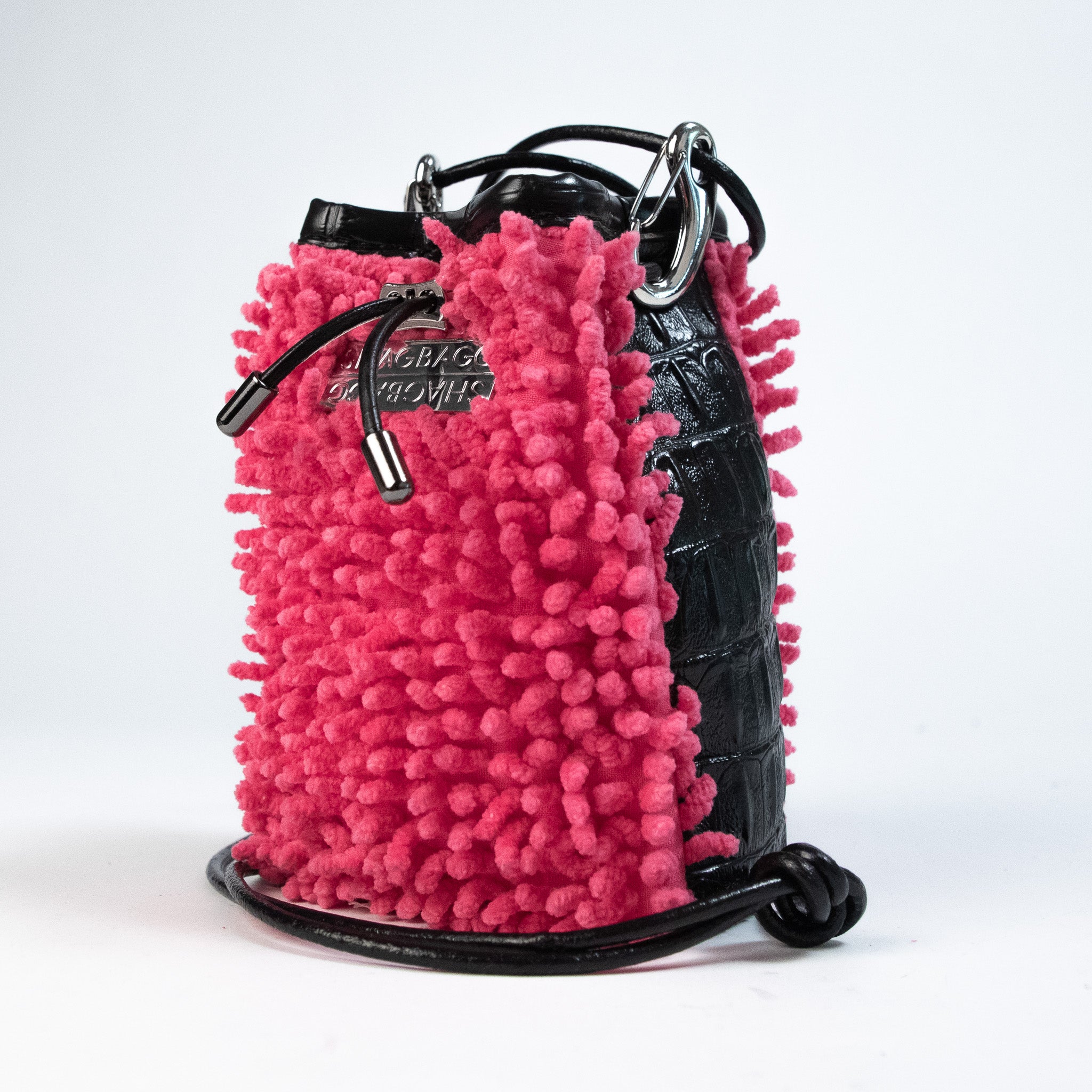 Drawstring SHAG Mini — Hot Pink with faux Croc and Silver Hardware | 3-Panel