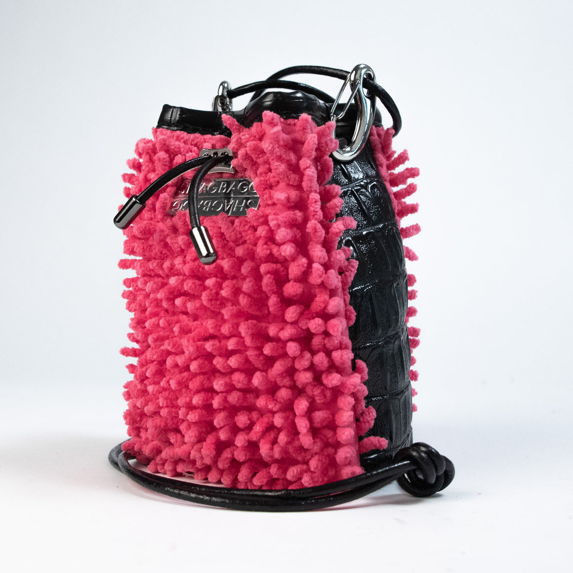 Drawstring SHAG Mini — Hot Pink with faux Croc and Silver Hardware | 3-Panel
