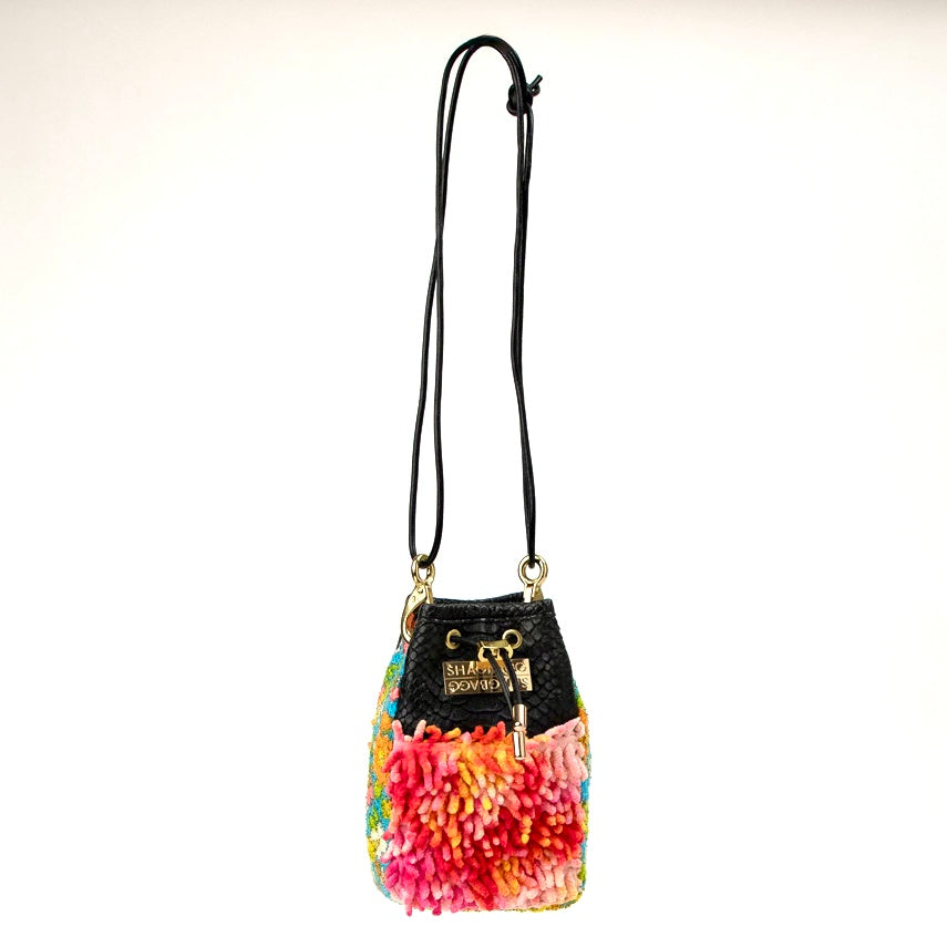 Drawstring SHAG Mini — 5 Panel Bag: Sherbet Tie Dye with Multi Floral and Black Faux Python