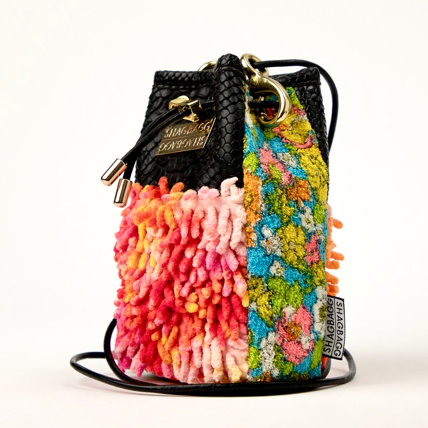 Drawstring SHAG Mini — 5 Panel Bag: Sherbet Tie Dye with Multi Floral and Black Faux Python