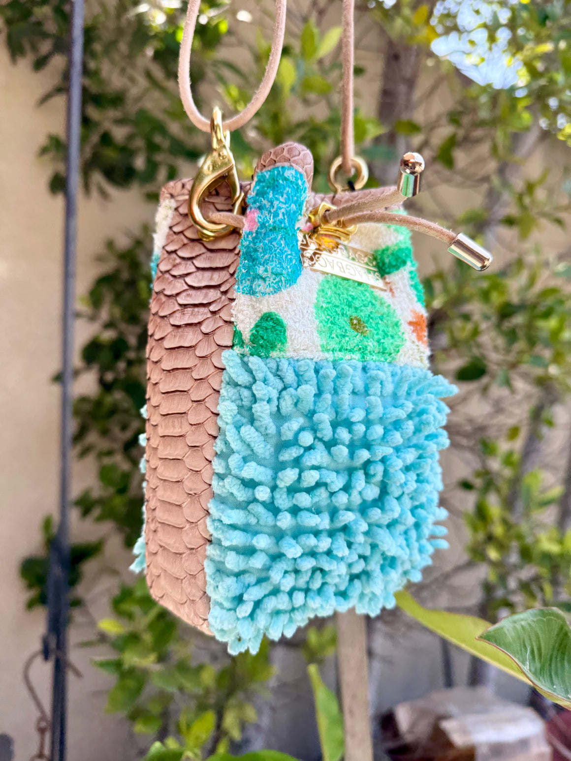 Drawstring SHAG Mini — 5 Panel Bag: Sea Foam Green, Floral, and Tan Faux Python Version 1.2