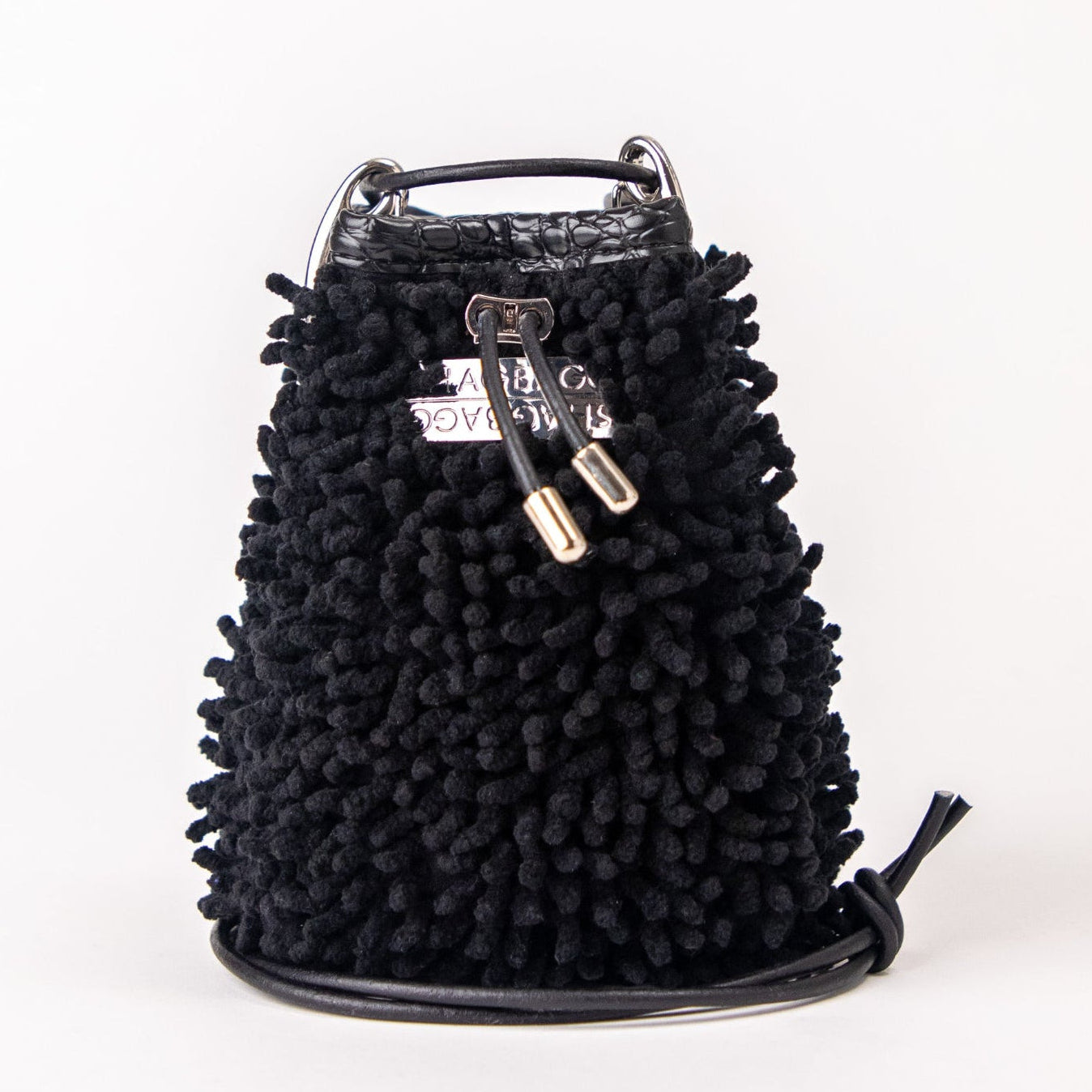 SHAGBAGG Drawstring Mini — Midnight All SHAG with silver hardware and glossy faux croc collar, handmade Hollywood Los Angeles, front view