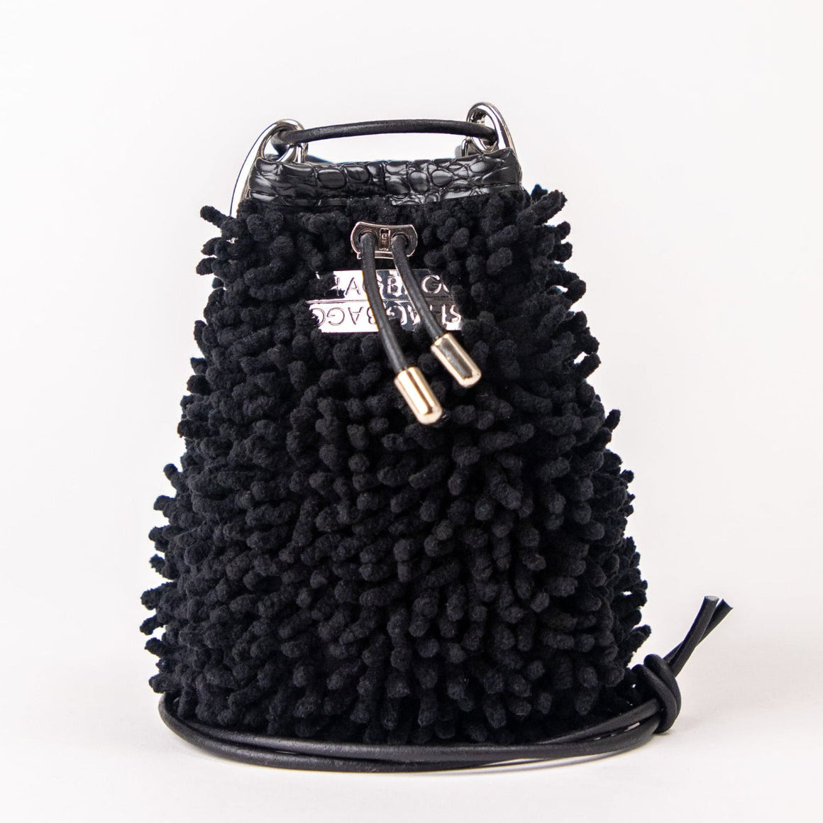 SHAGBAGG Drawstring Mini — Midnight All SHAG with silver hardware and glossy faux croc collar, handmade Hollywood Los Angeles, front view