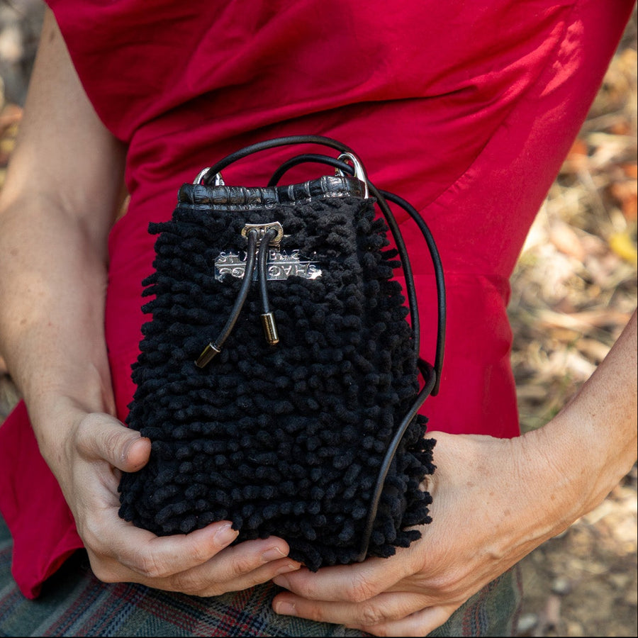 SHAGBAGG Drawstring Mini — Midnight All SHAG with silver hardware and glossy faux croc collar, handmade Hollywood Los Angeles, front view