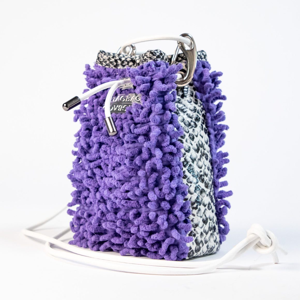 Amethyst Drawstring SHAG Mini featuring purple SHAG, black and white faux python, silver-tone hardware, and white leather cord strap handcrafted in Los Angeles