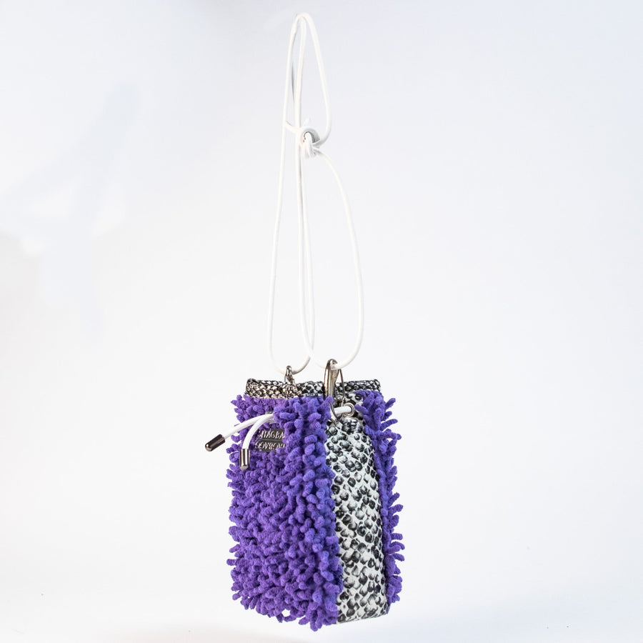 Amethyst Drawstring SHAG Mini featuring purple SHAG, black and white faux python, silver-tone hardware, and white leather cord strap handcrafted in Los Angeles