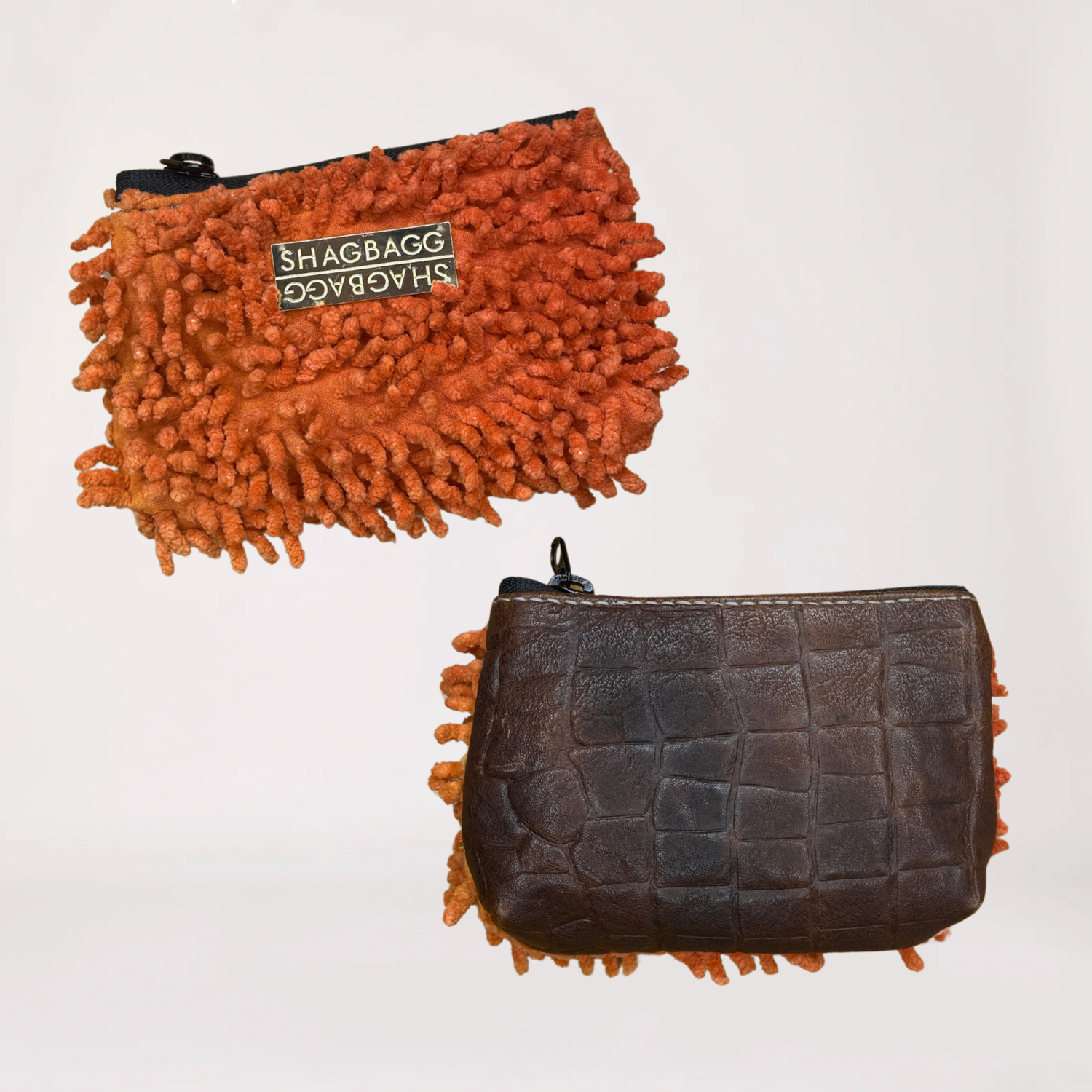 Front and back view of the SHAGBAGG coin purse in coral shag and faux-python leather.