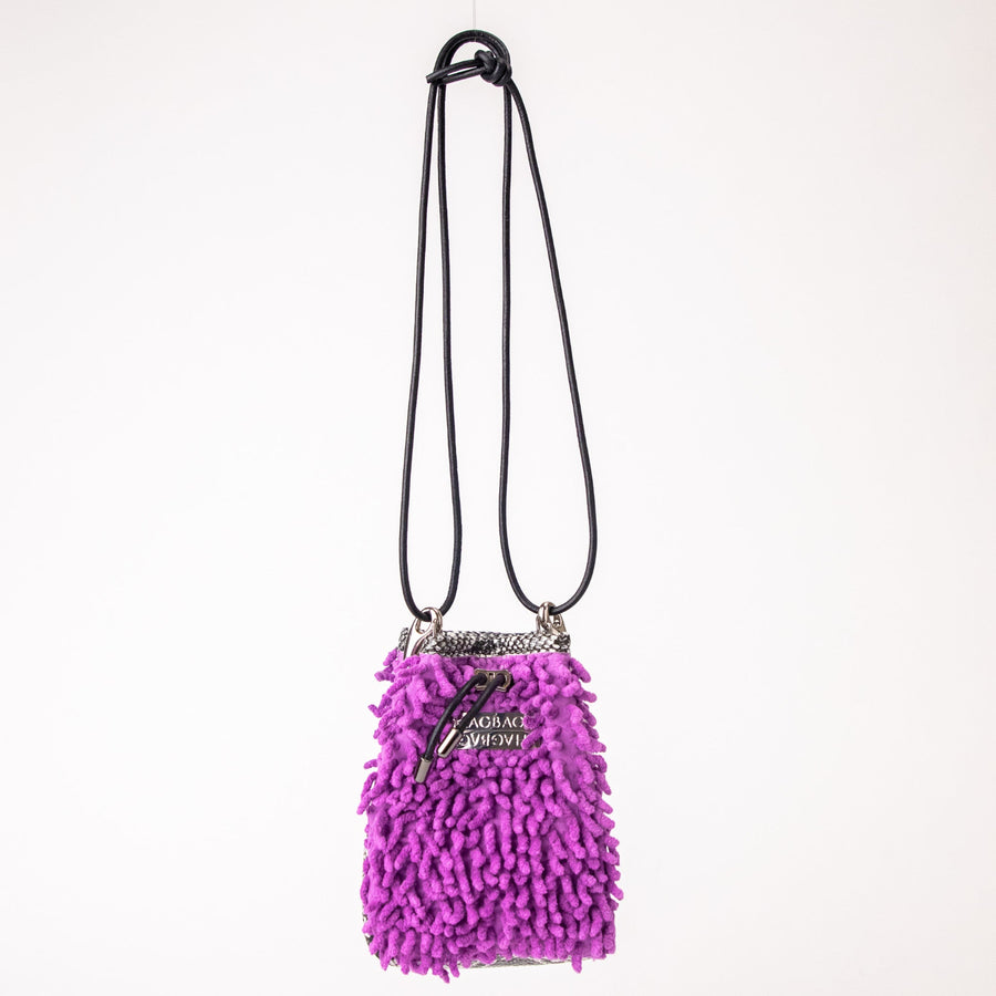 SHAGBAGG Drawstring Mini — Electric Orchid purple SHAG and black white faux python 3 panel crossbody bag with silver hardware and black leather cord, handmade Hollywood Los Angeles, front view