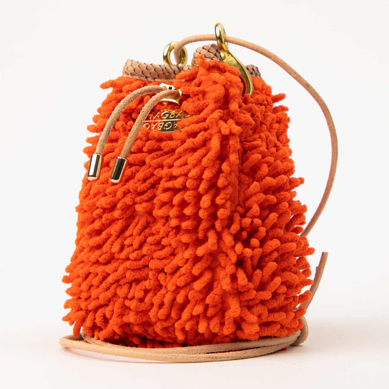 Drawstring SHAG Mini — Tangerine Orange with Tan Faux Python