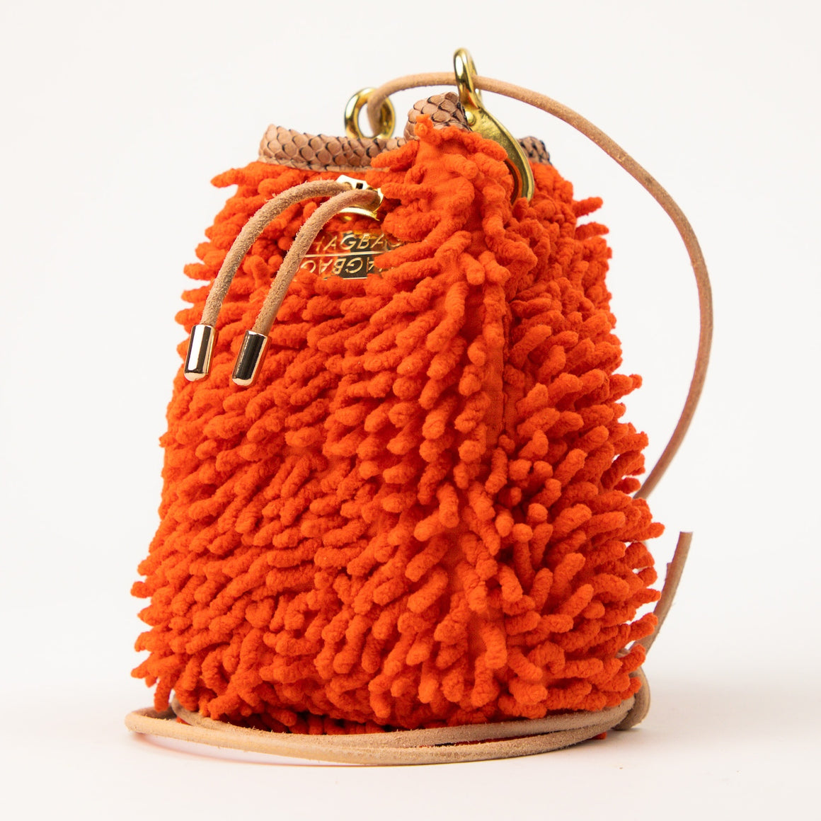 Drawstring SHAG Mini — Tangerine Orange with Tan Faux Python