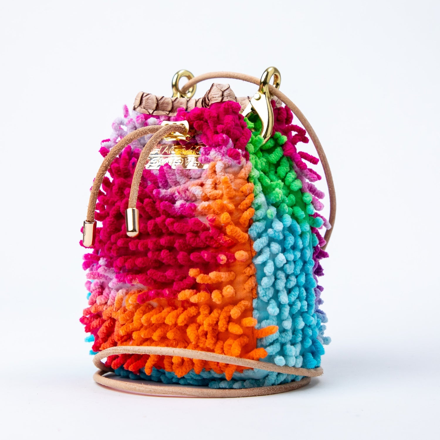 SHAGBAGG Drawstring Mini — Tie Dye Sister No. 2, patchwork tie dye full SHAG crossbody bag in hot pink tangerine orange turquoise electric green, handmade Hollywood Los Angeles, front view