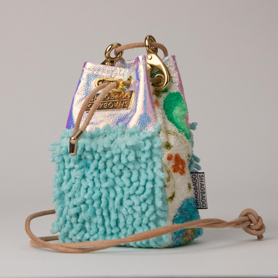 Drawstring SHAG Mini — 5 Panel Bag: Tie Dye, Floral Terry, and Tan Faux Python