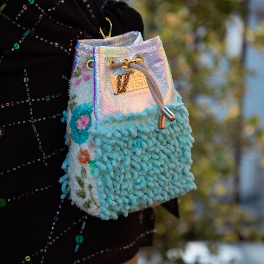 Drawstring SHAG Mini — 5 Panel Bag: Tie Dye, Floral Terry, and Tan Faux Python