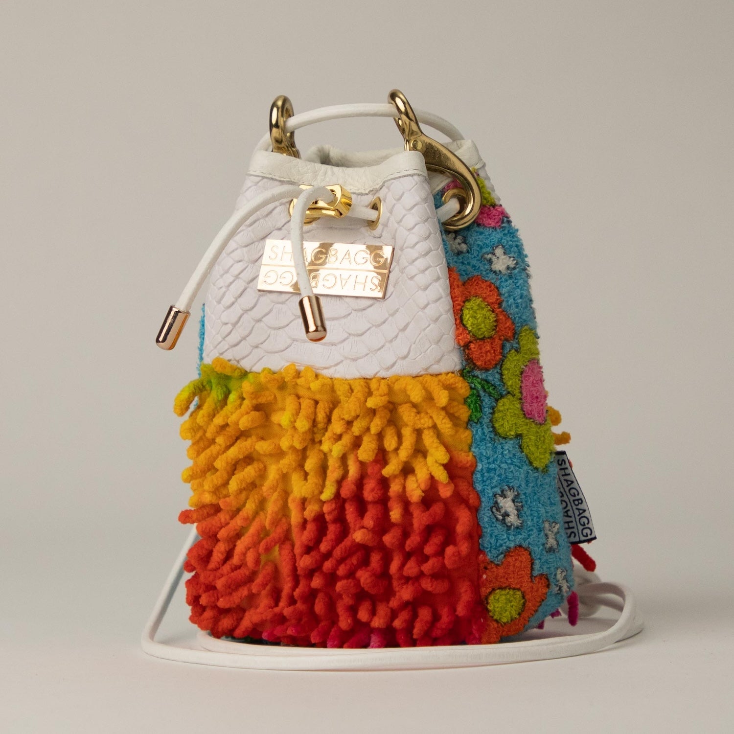 Drawstring SHAG Mini — 5 Panel Bag: Tie Dye, Floral Terry, and White Faux Python
