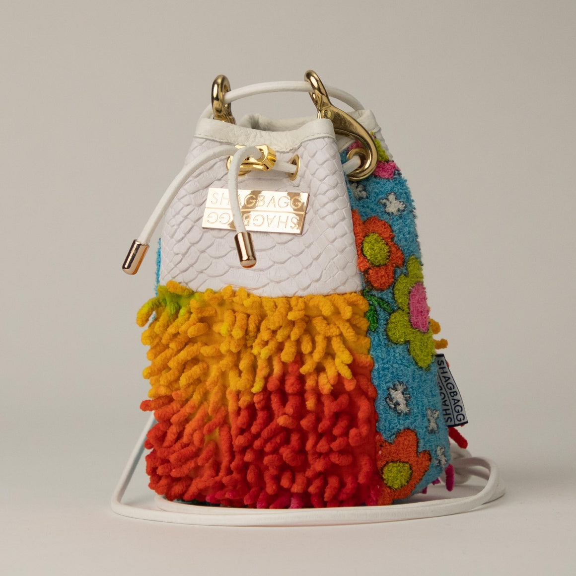 Drawstring SHAG Mini — 5 Panel Bag: Tie Dye, Floral Terry, and White Faux Python
