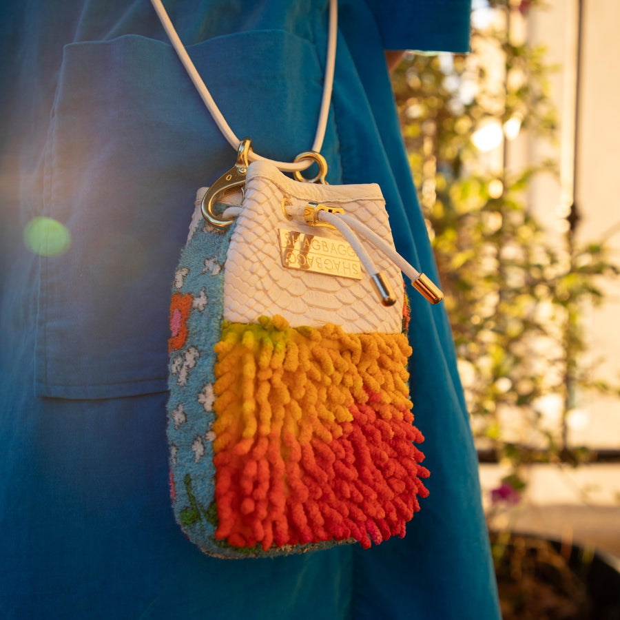 Drawstring SHAG Mini — 5 Panel Bag: Tie Dye, Floral Terry, and White Faux Python