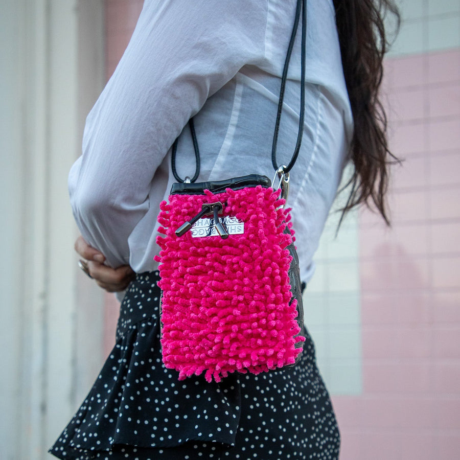 Drawstring SHAG Mini — Hot Pink with faux Croc and Silver Hardware | 3-Panel
