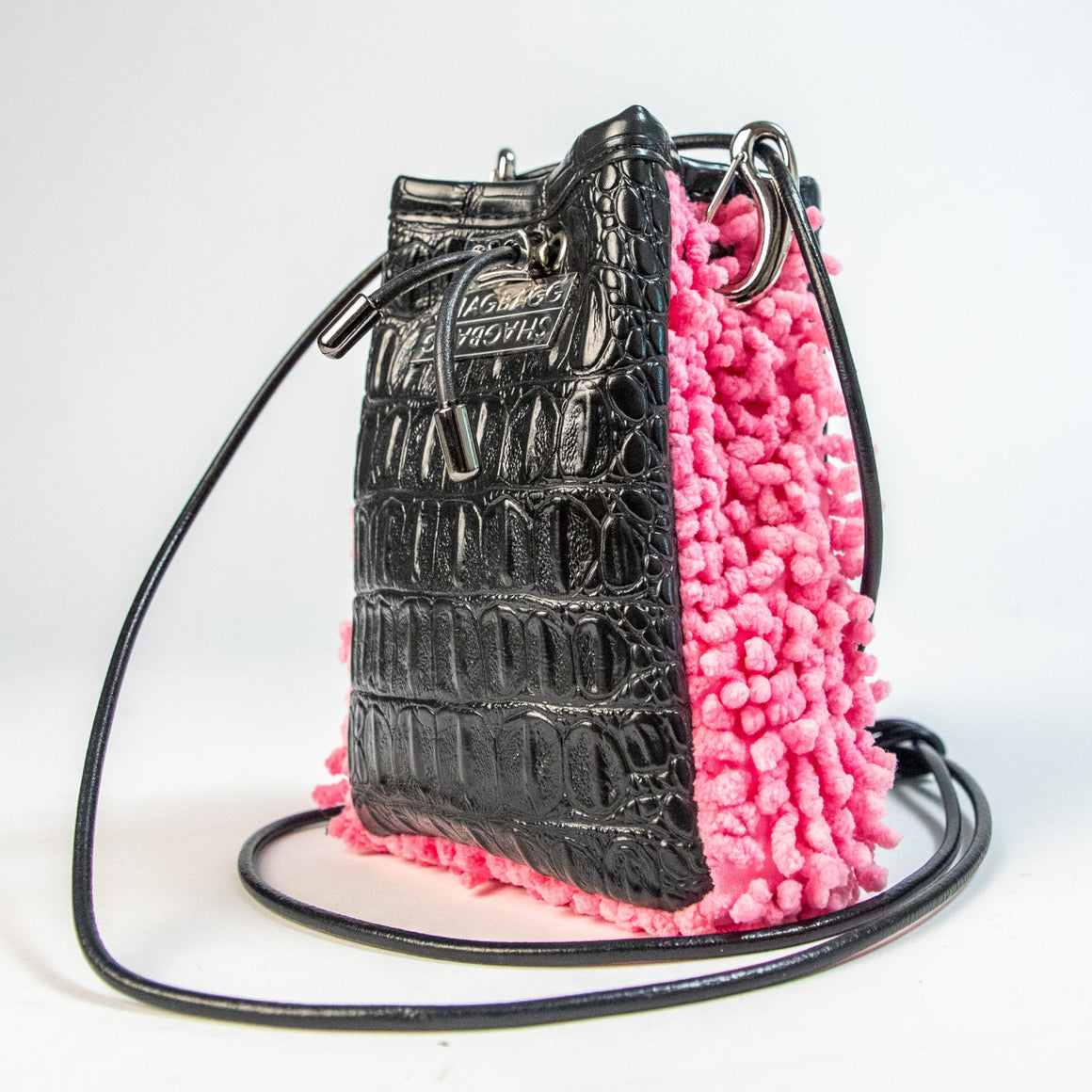 Hot pink SHAG mini drawstring bag with black embossed croc panel and silver hardware handmade in Los Angeles