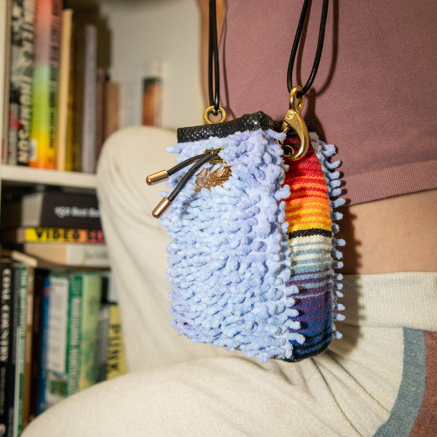 Lavender SHAG Drawstring SHAG Mini with vintage woven textile panel, gold hardware, and black leather cord strap handcrafted in Los Angeles