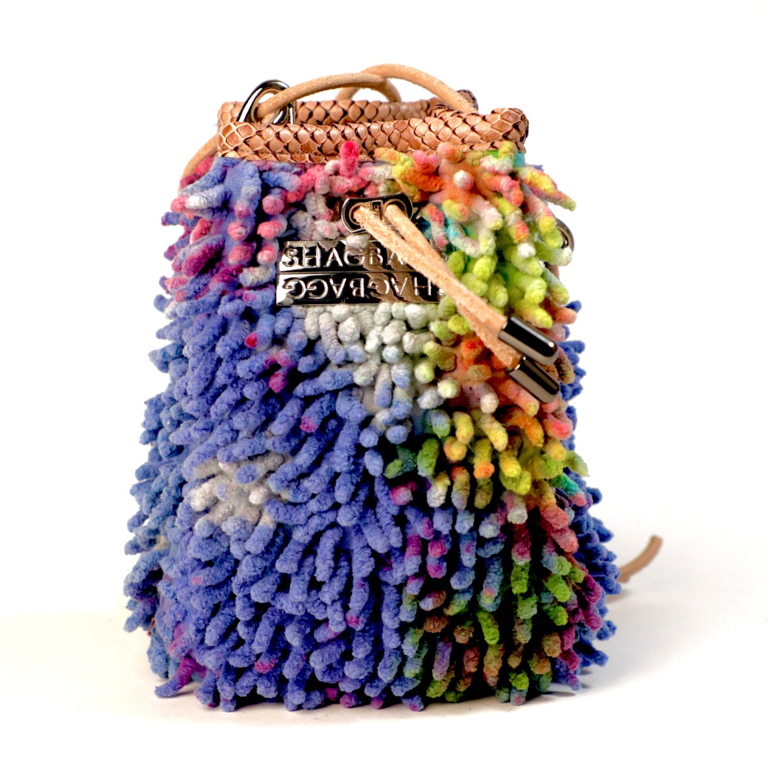 Starry Night Drawstring SHAG Mini with multicolor SHAG, tan faux python trim, silver-tone hardware, and natural leather cord strap.