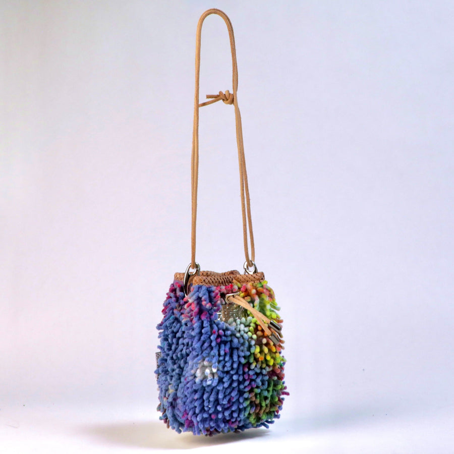 Starry Night Drawstring SHAG Mini with multicolor SHAG, tan faux python trim, silver-tone hardware, and natural leather cord strap.